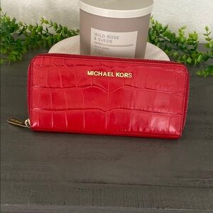 Michael Kors Red Croc-Embossed Wallet with Gold Hardware